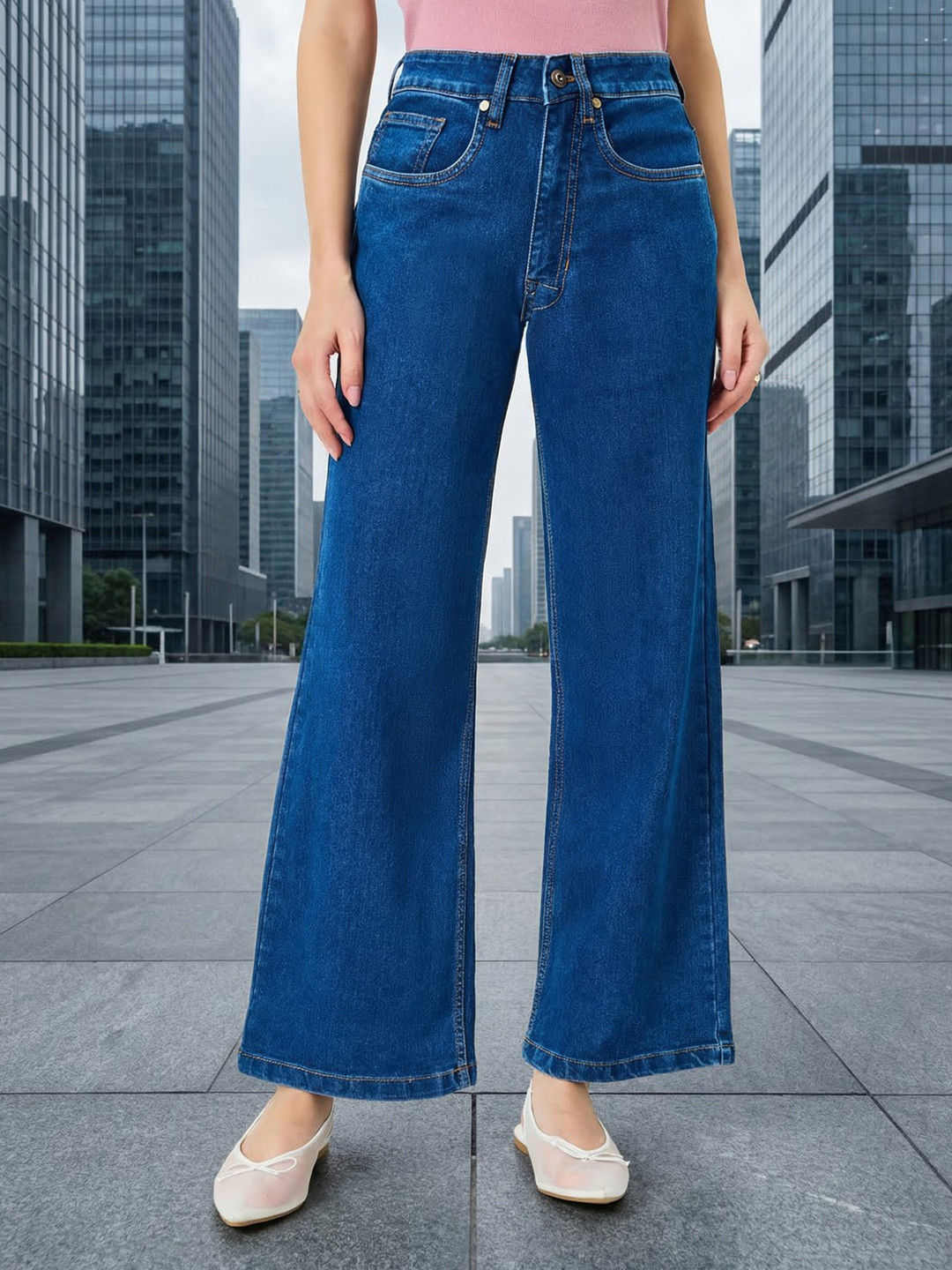 Styli Women Blue Solid Clean Look Wide Leg Mid-Rise Stretchable Jeans