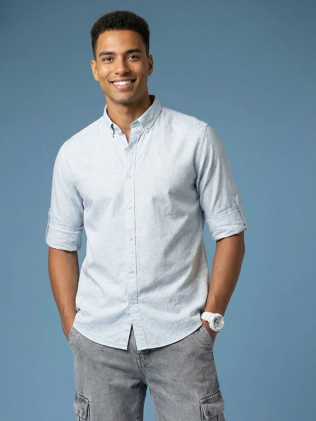 HERE&NOW Pure Cotton Roll-Up Sleeves Button-Down Collar Floral Printed Casual Shirt