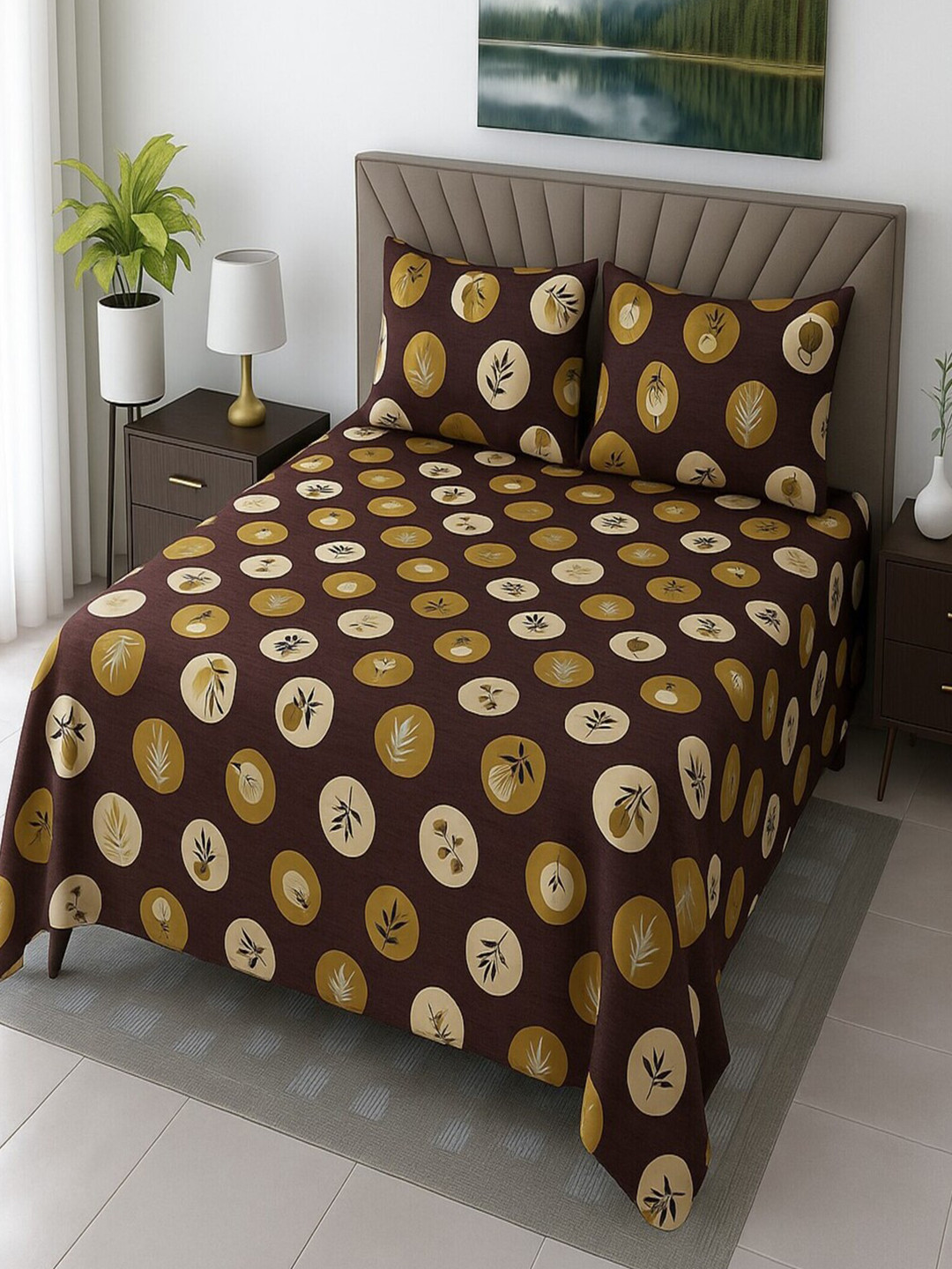 Threadwear Brown Floral 400 TC Bedsheet with 2 Pillow Covers