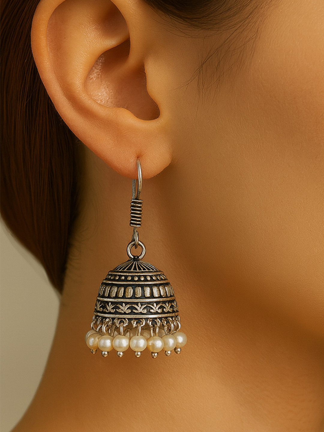 JEWELOPIA Silver-Plated Dome Shaped Oxidised Jhumkas