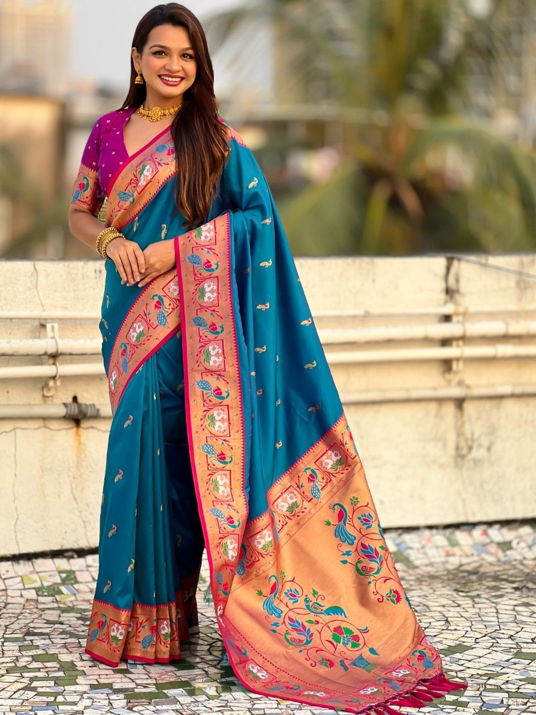 HERE&NOW Ethnic Motifs Woven Design Silk Blend Zari Paithani Saree With Blouse Piece