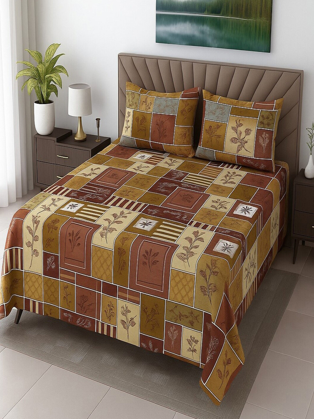Threadwear Grey & Brown Floral 400 TC Pure Cotton King Bedsheet Set-2.75m x 2.75m