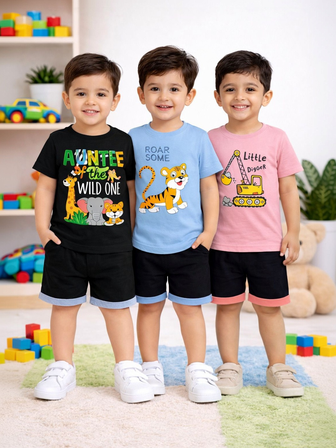 Shakubhar Set Of 3 Boys Printed T-shirt With Shorts