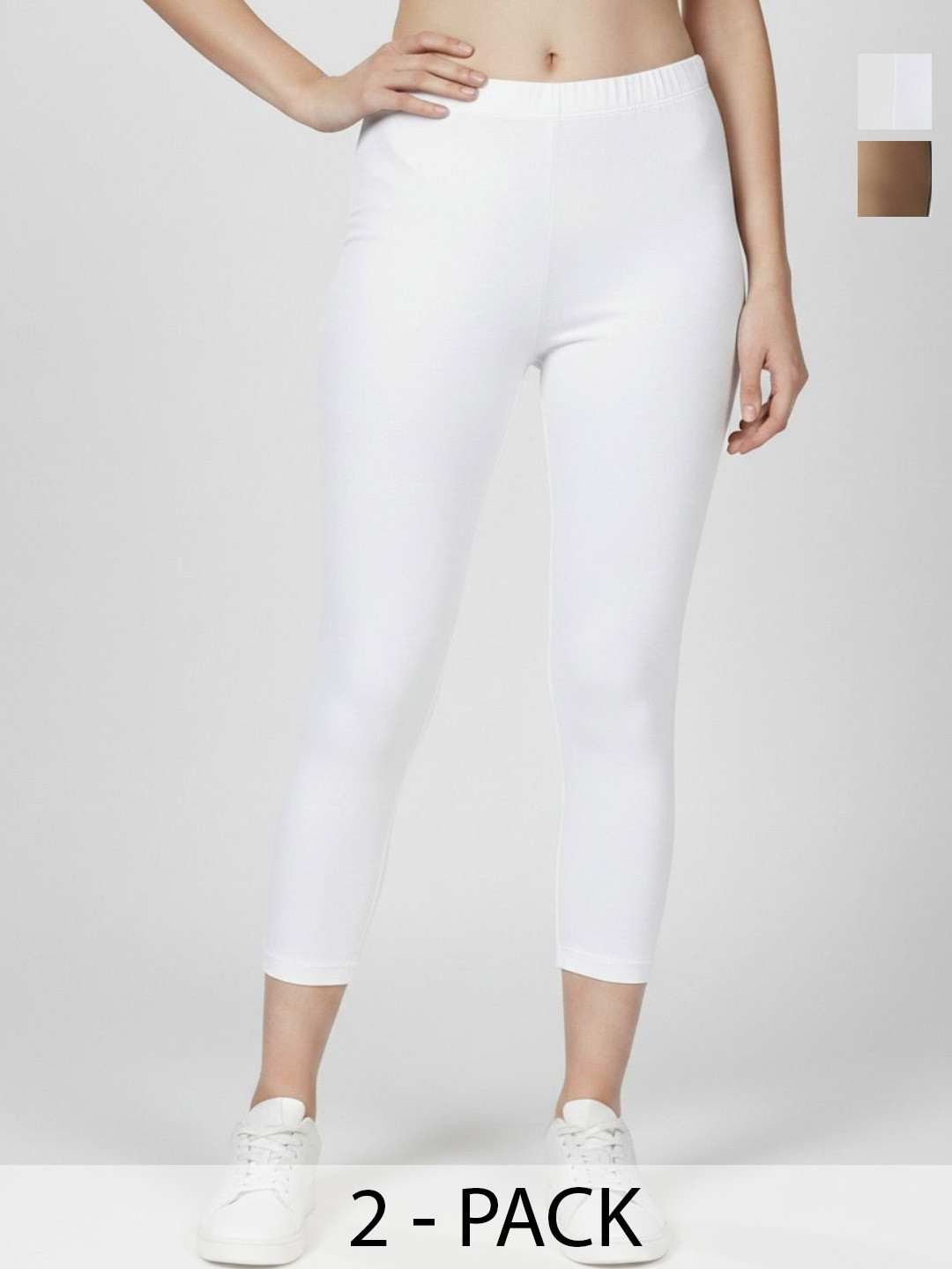 ZAYANQA Women Pack of 2 White & Beige Stretchable Cotton Three Fourth Capri Leggings