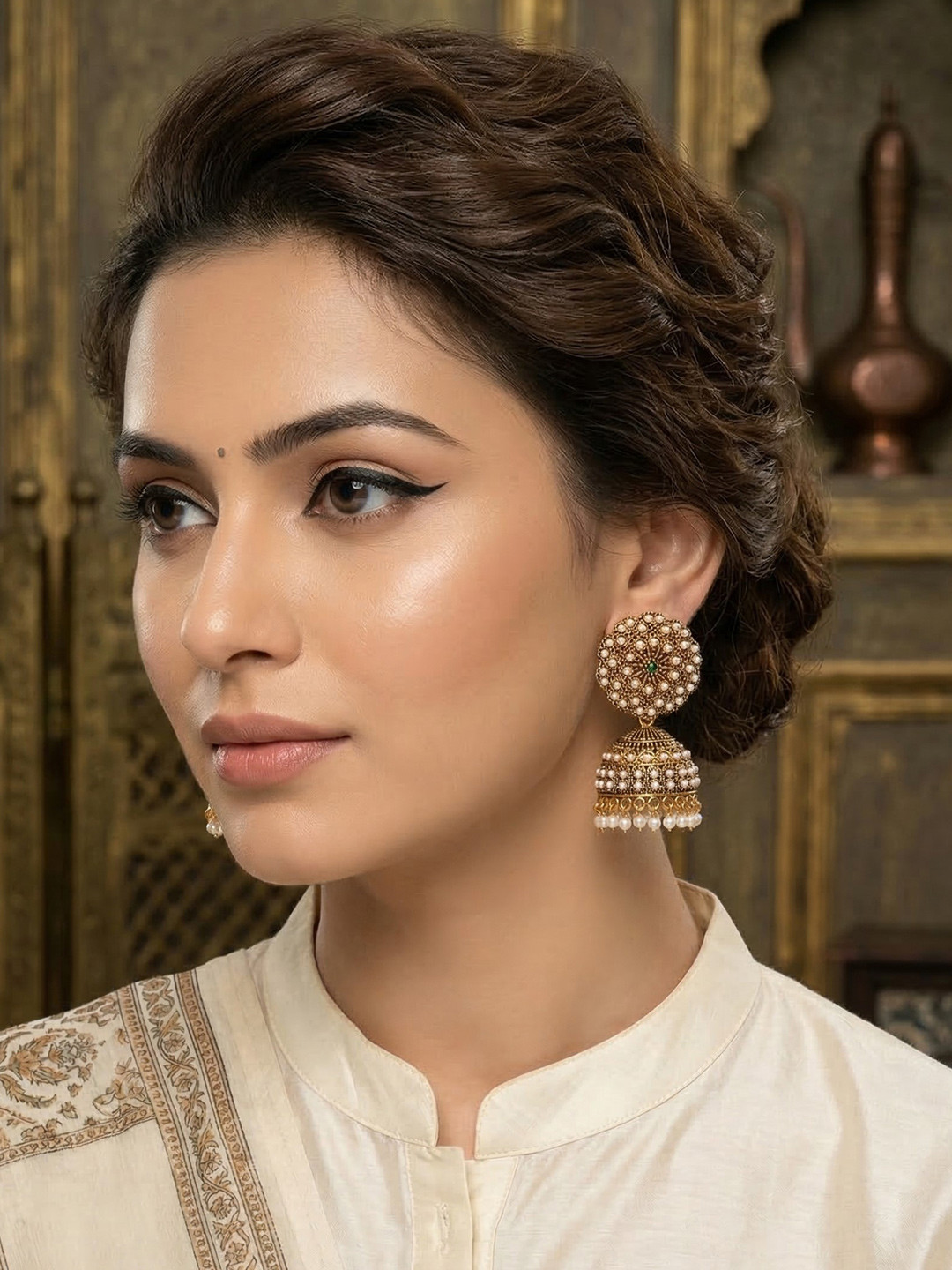 MEIRA JEWELLERY Artificial Stones Studded & Beaded Dome Shaped Jhumkas
