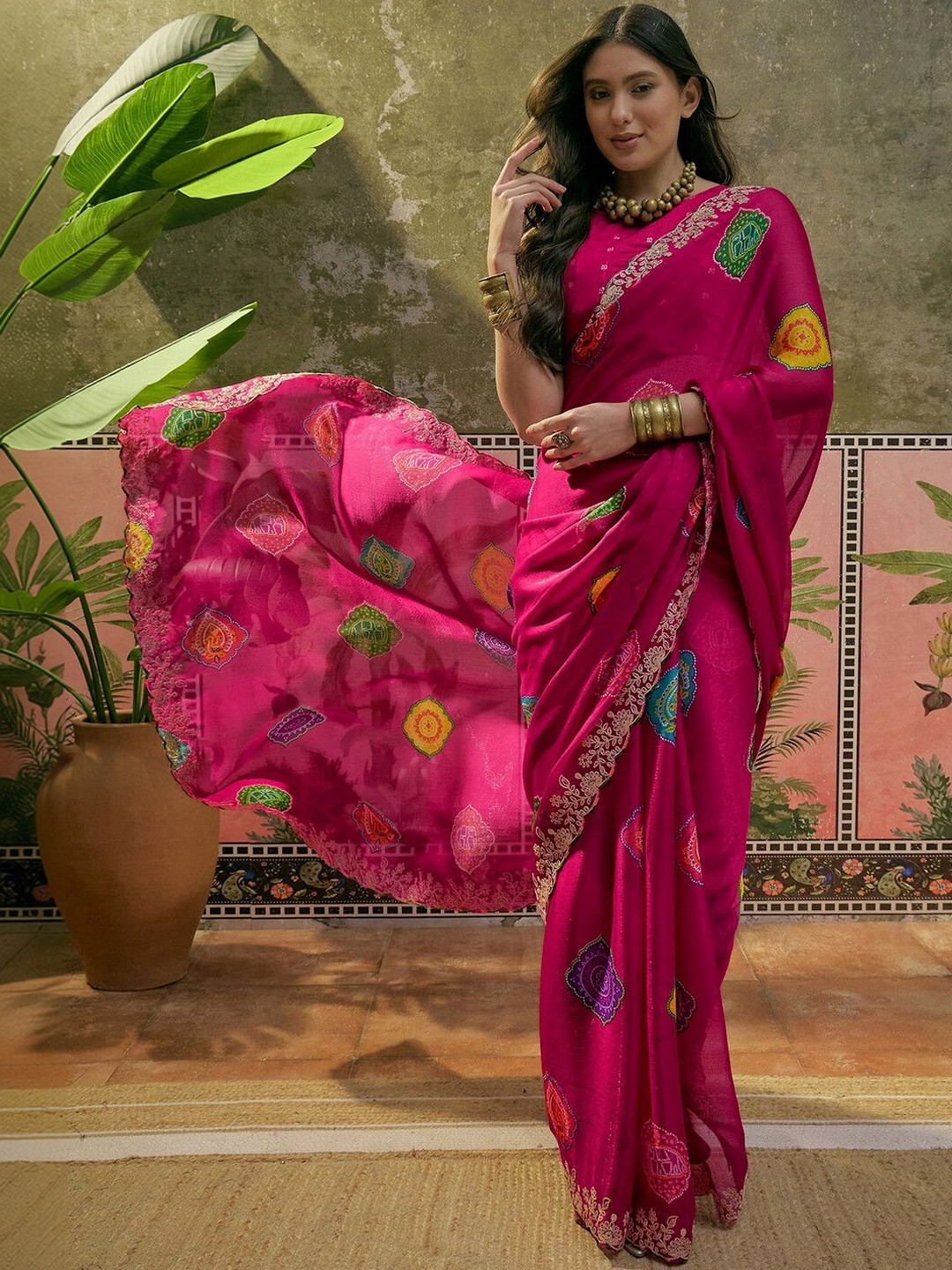 Sangria Bandhani Printed Pure Chiffon Saree with Embroidered Border and Blouse Piece