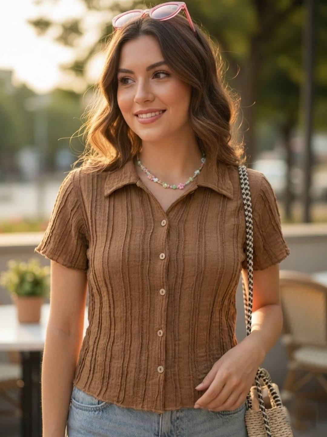 Arbiter Collection Women Textured Short Sleeve Button-down Top Shirts