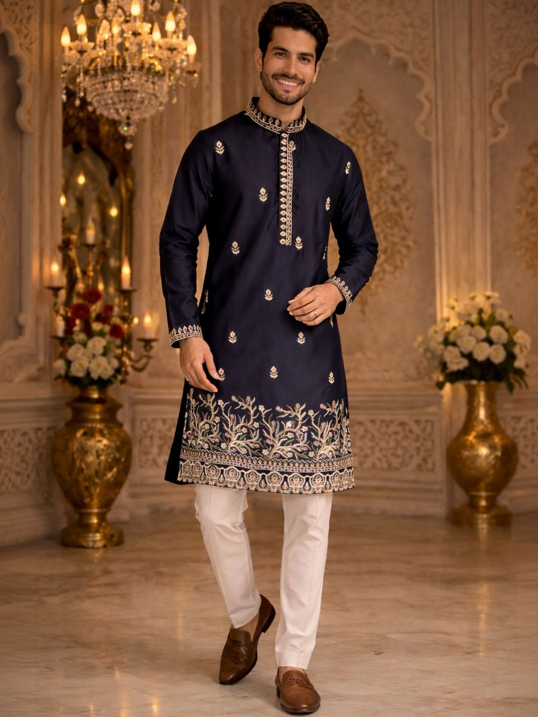 House of Pataudi Embroidered Mandarin Collar Kurta & Pyjamas