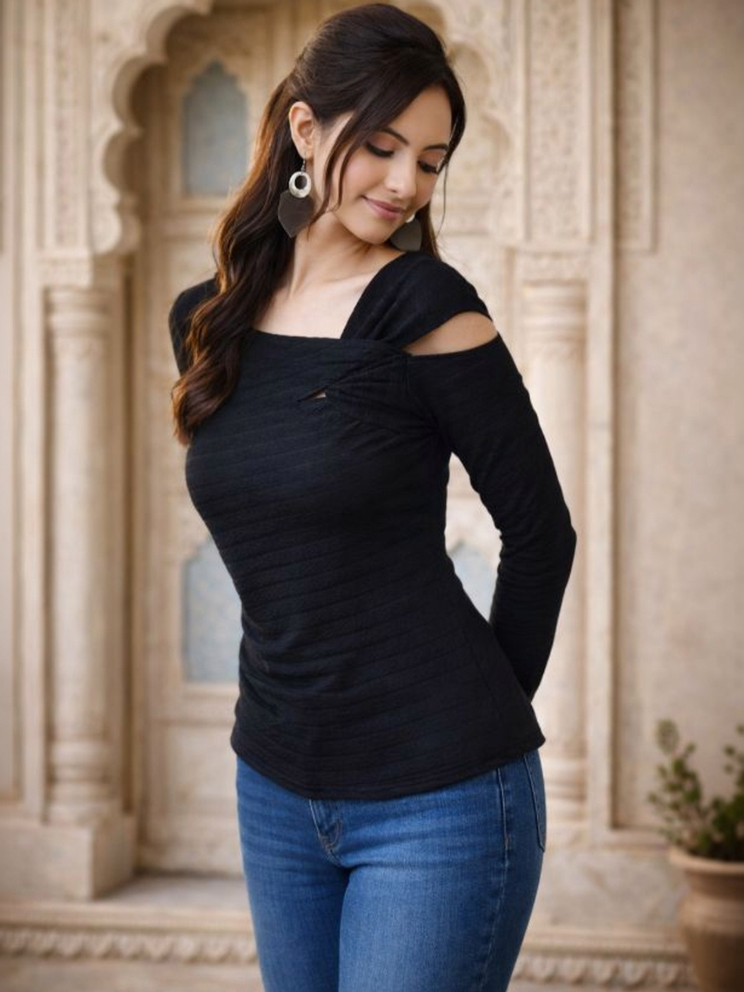 Black One Shoulder Twist Detail Long Sleeve Top