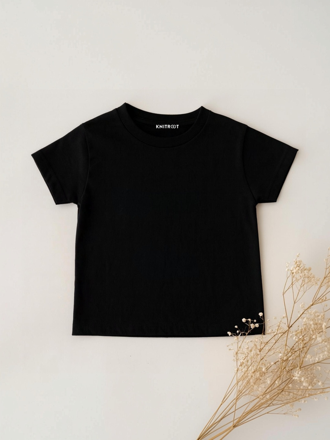 KNITROOT Cotton Knit Half Sleeves Solid - Black Tshirts