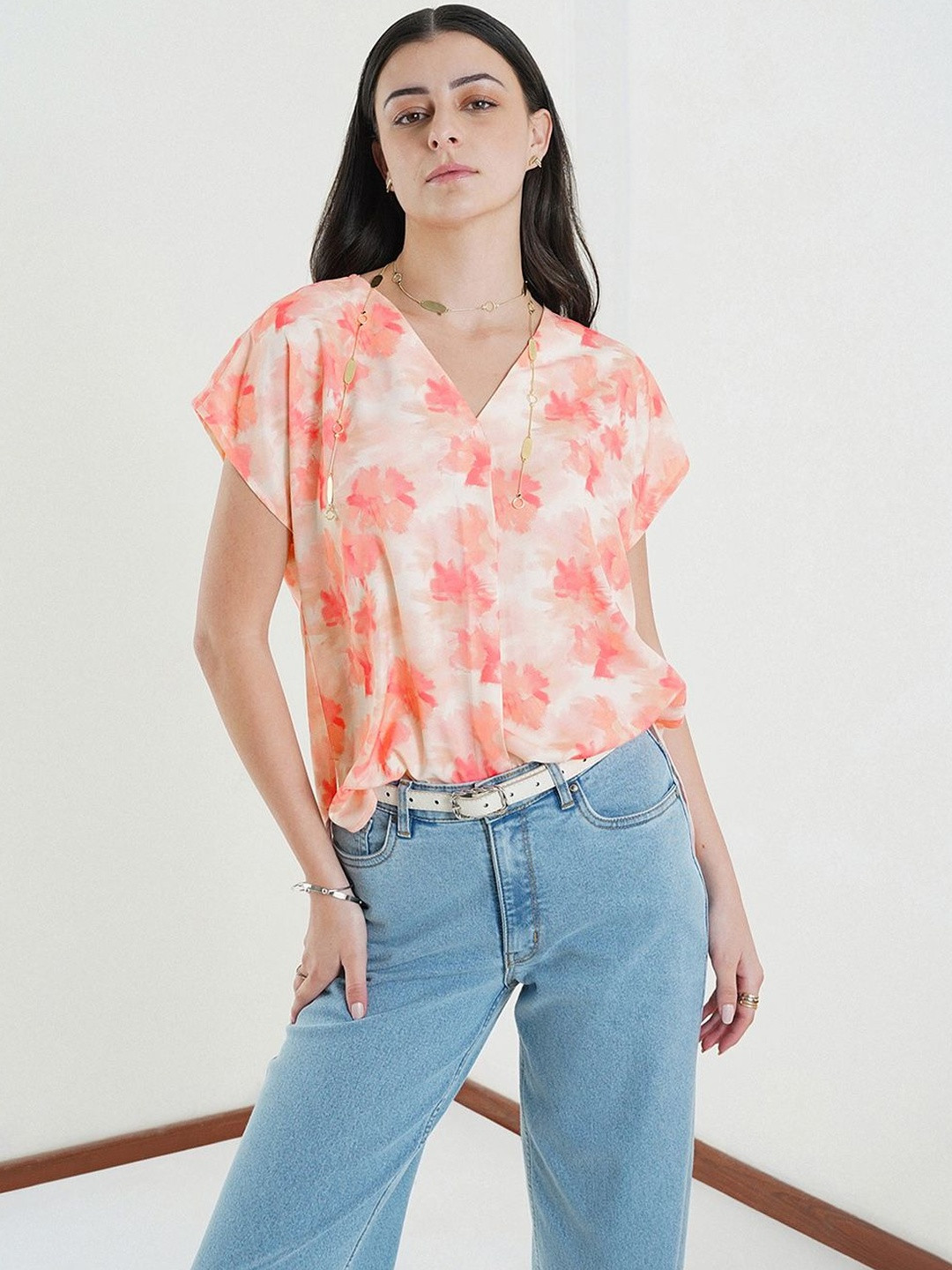 FABLE STREET Woven Floral Relaxed Fit Extended Sleeve V-neck Off White Tops