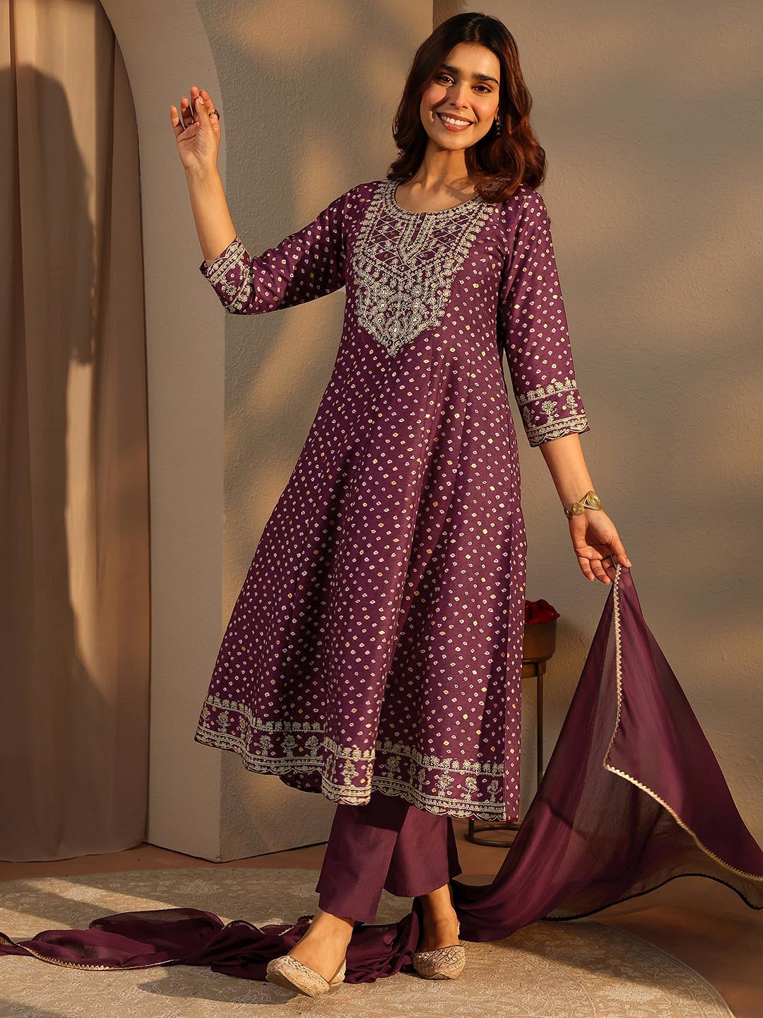 Libas Burgundy Bandhani Printed A-line Kurta Pocket Solid Trouser Solid with Dupatta