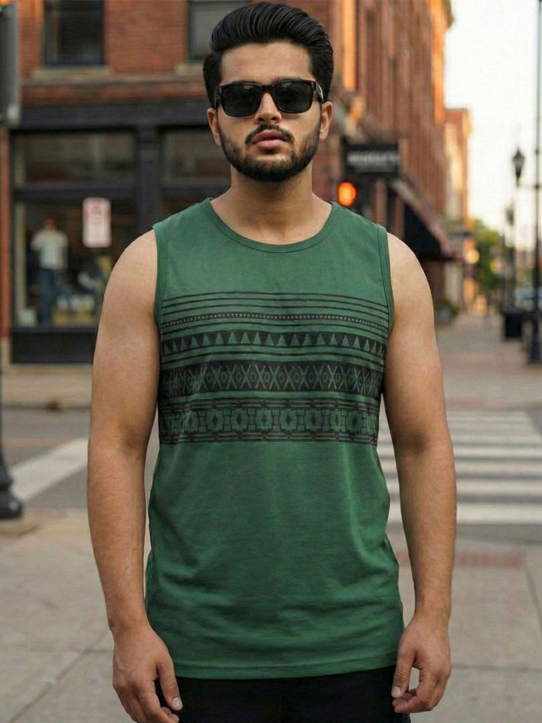 Rigo Men Bottle Green Printed Cotton Sleeveless Round Neck Training T-shirts