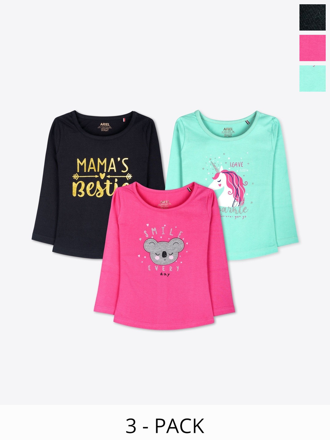 ariel Girls Pack Of 3 Graphic Printed Cotton Full Sleeves Tshirts