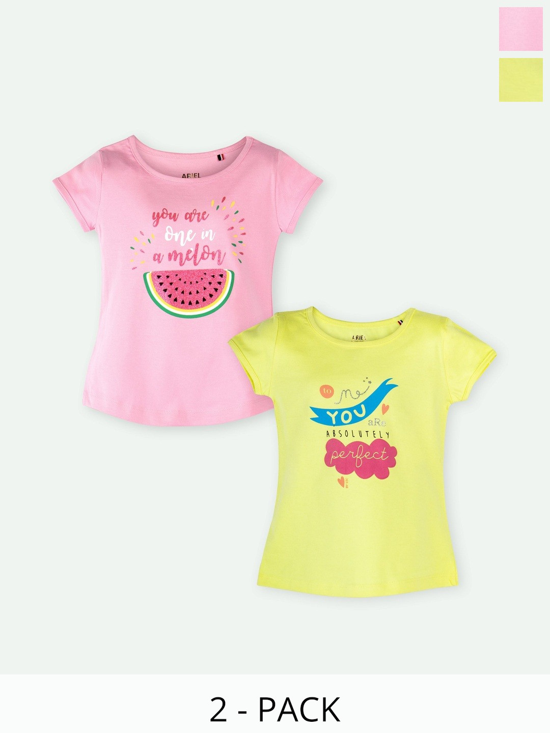ariel Girls Pack Of 2 Typography Round Neck Regular Fit Printed Cotton Tshirts