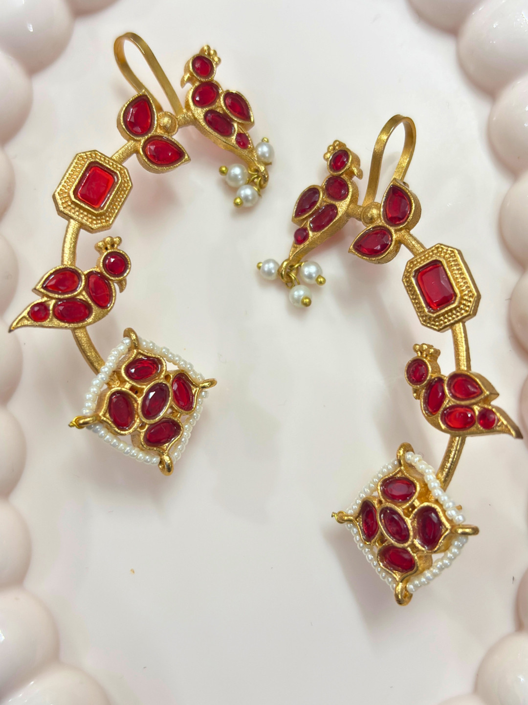 VIVAZS Gold-Plated Maroon Stone Studded & Beaded Peacock Shaped Ear Cuff