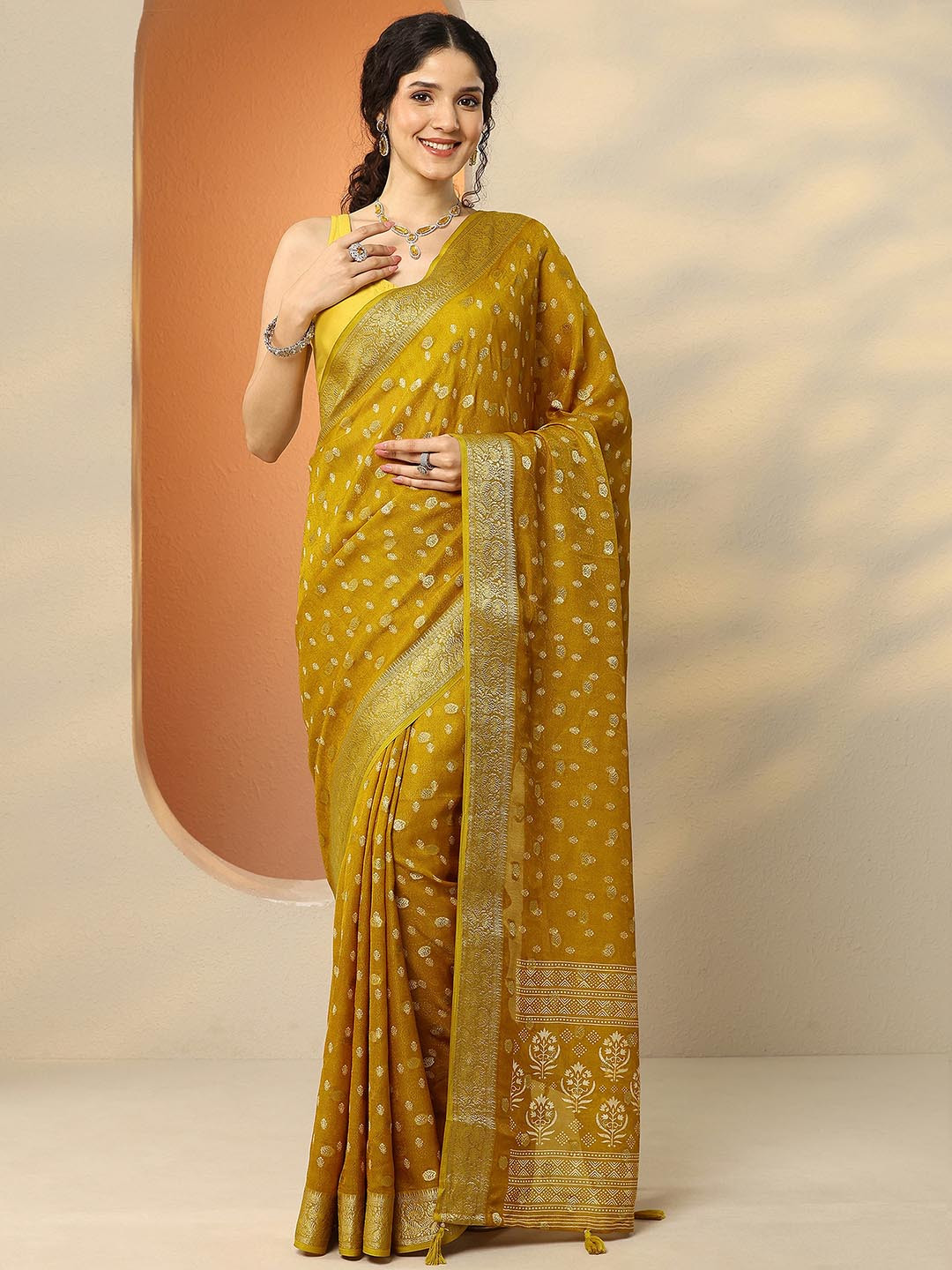 Libas Yellow Woven Design Georgette Saree With Unstitched Blouse Piece