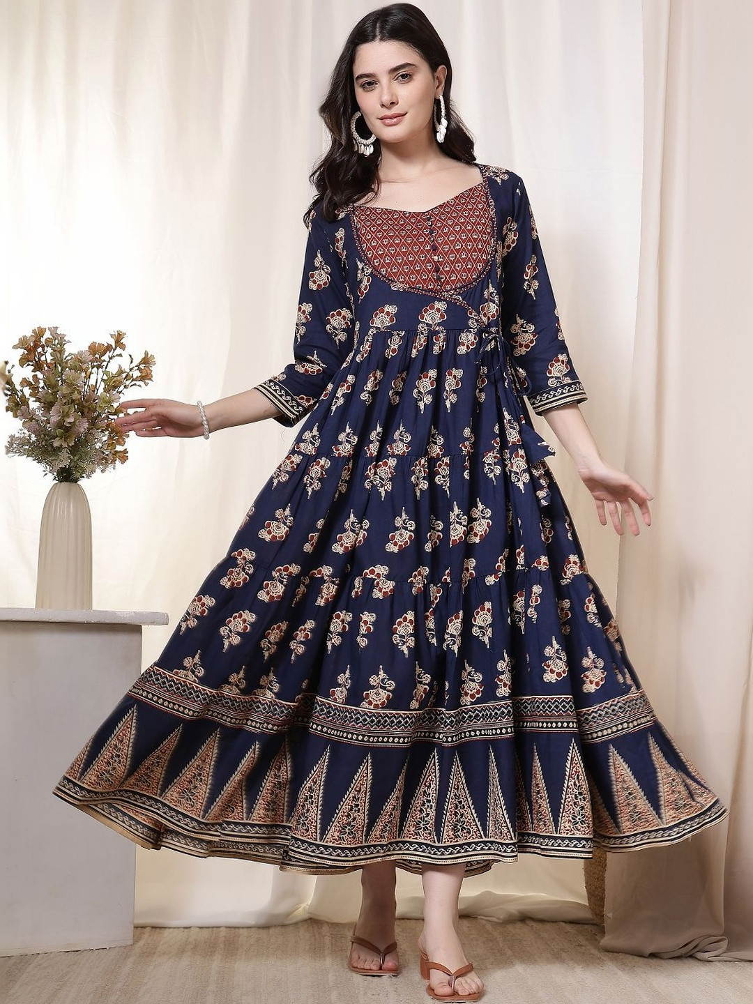 FebQ Womens Cotton Ethnic Dress Printed A-line Kurti Dress Casual Festive Wear Dresses