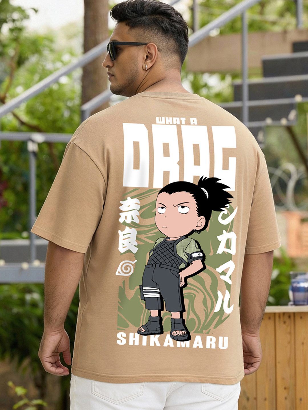 Bewakoof Plus Naruto Men's Ginger Root Brown Shikamaru Drag Graphic Printed Oversized Plus Size T-shirt