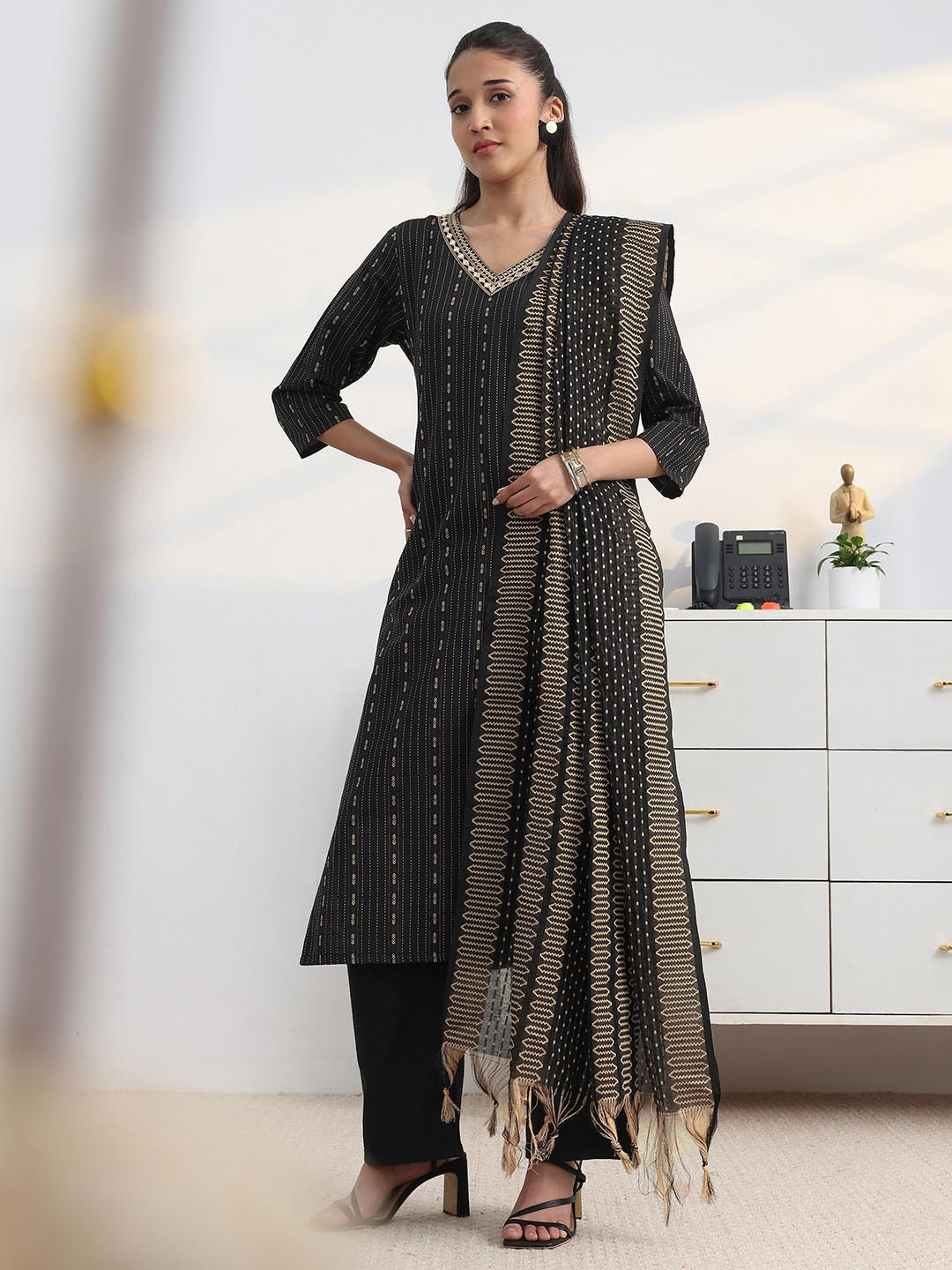 Libas Black Woven Design Straight Suit Set with Dupatta