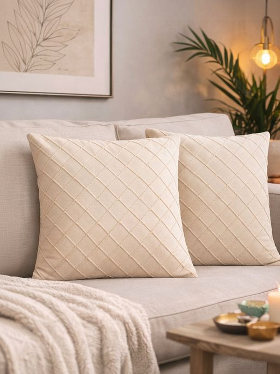 SWAYAM Cream-Coloured Set of 2 Velvet Square Cushion Covers