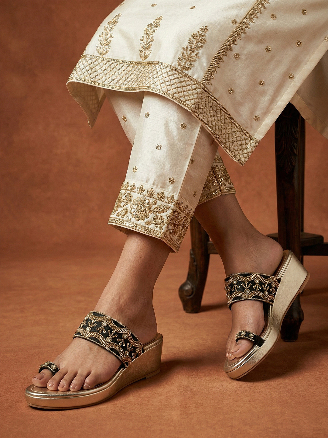 House of Pataudi Beads & Sequin Embellished Ethnic Flatform Heels