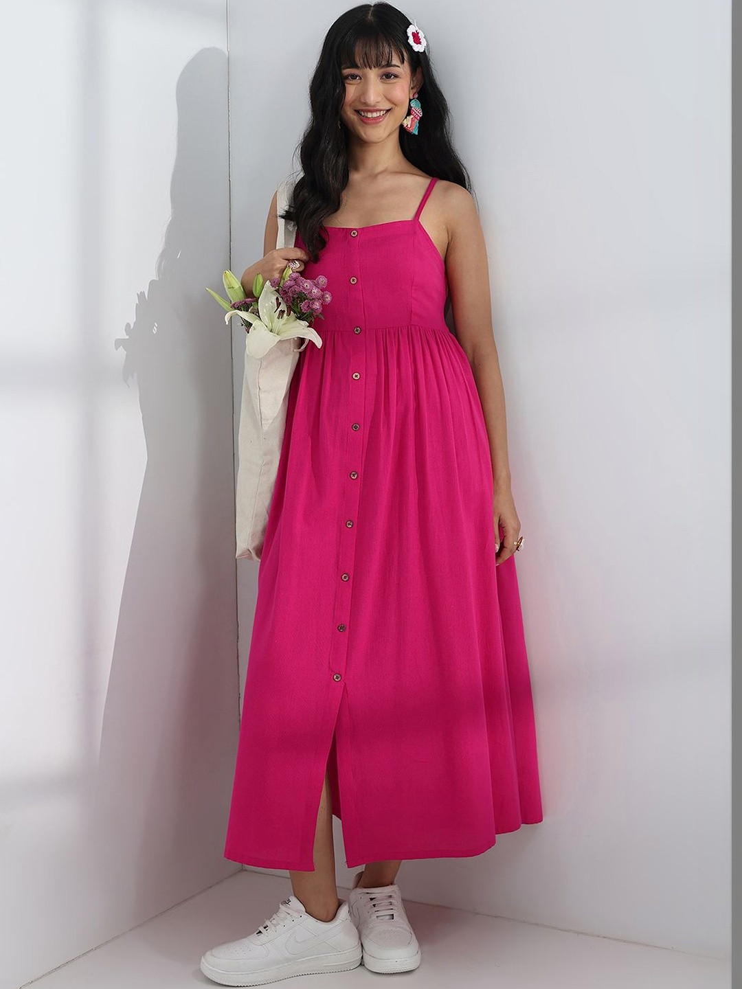 Libas Pink Solid Cotton One-Piece Dress