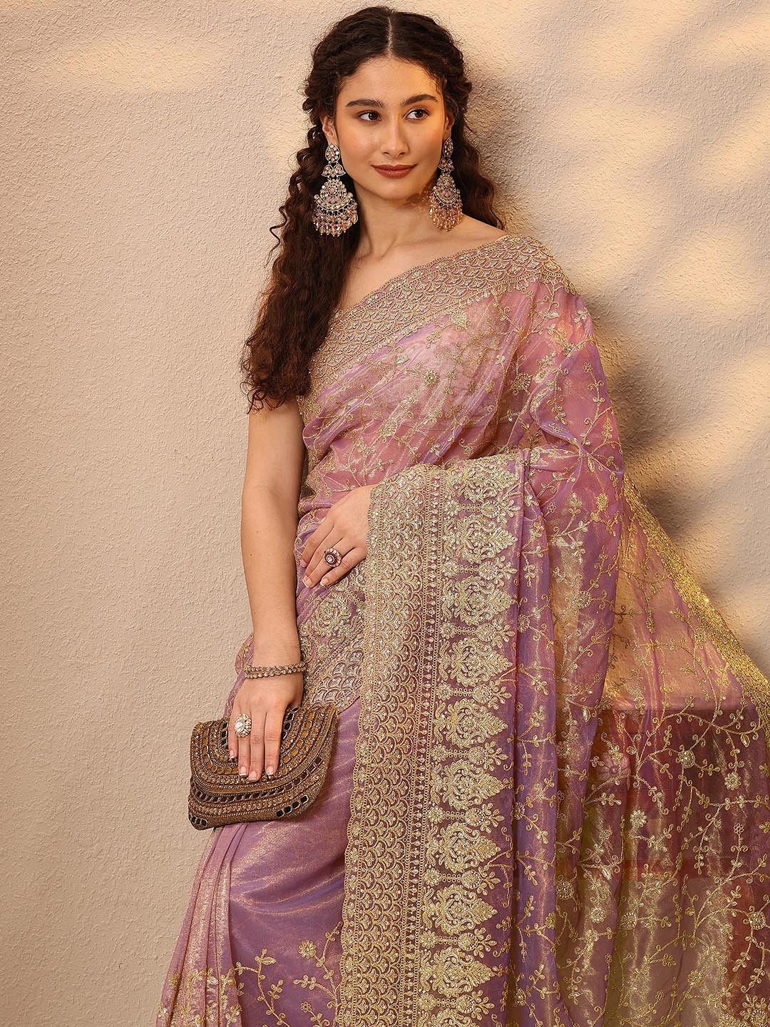 Libas Lavender Embroidered Nylon Saree With Unstitched Blouse Piece