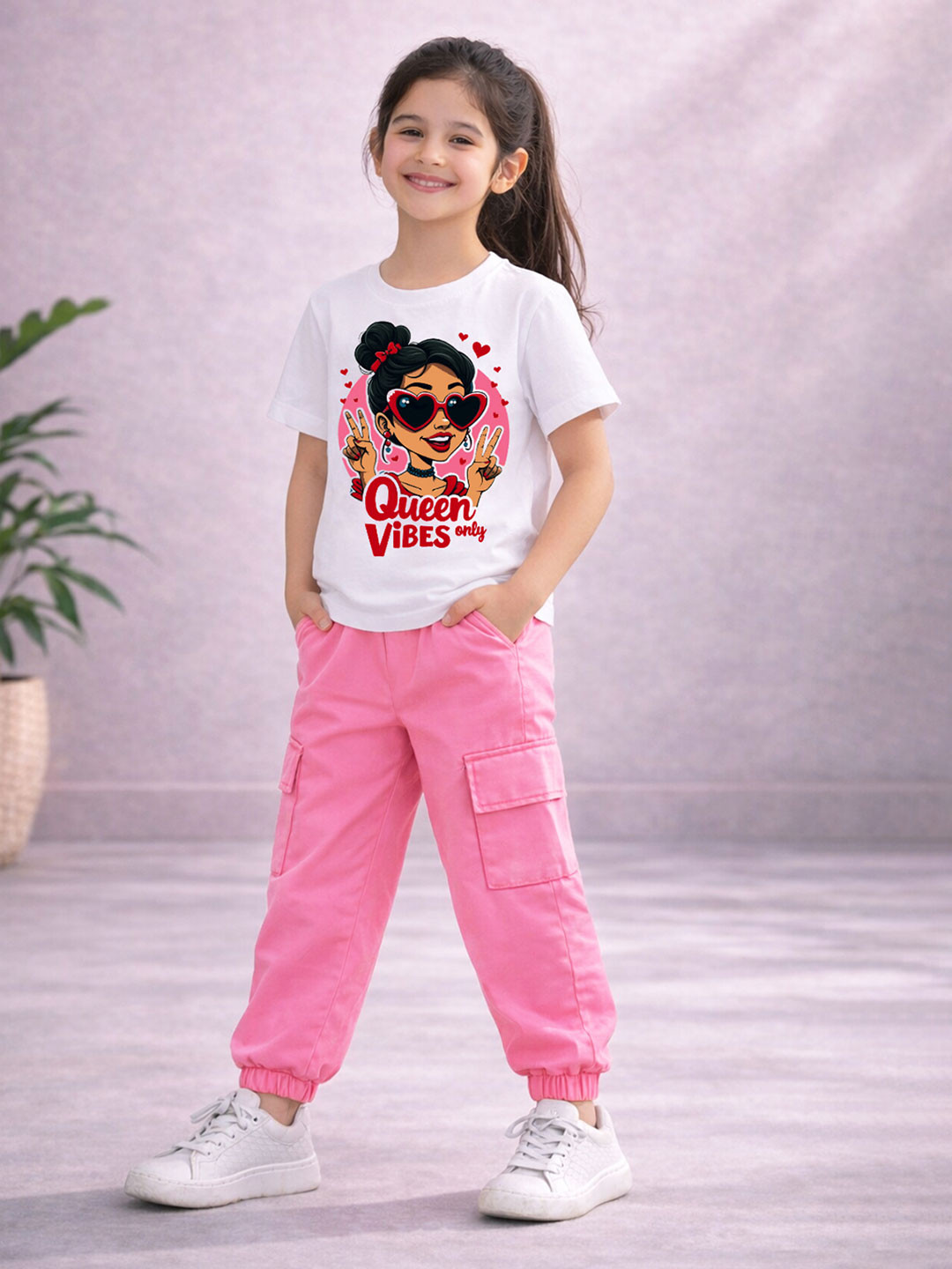 YK X Trampoline Girls Graphic Printed T-Shirt & Cargo Jogger Set