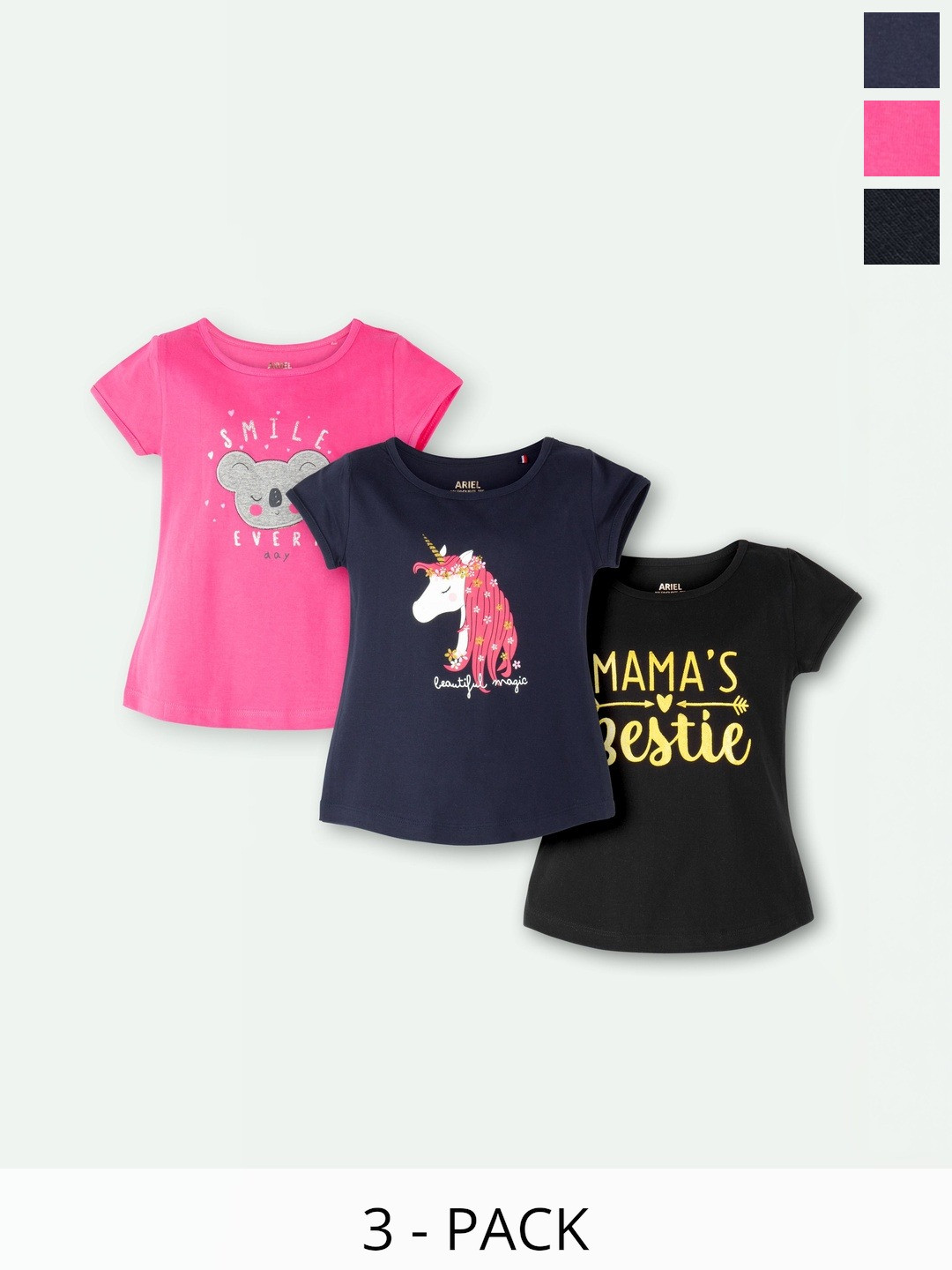 ariel Girls Pack Of 3 Cotton Half Sleeve Round Neck Printed Tshirts