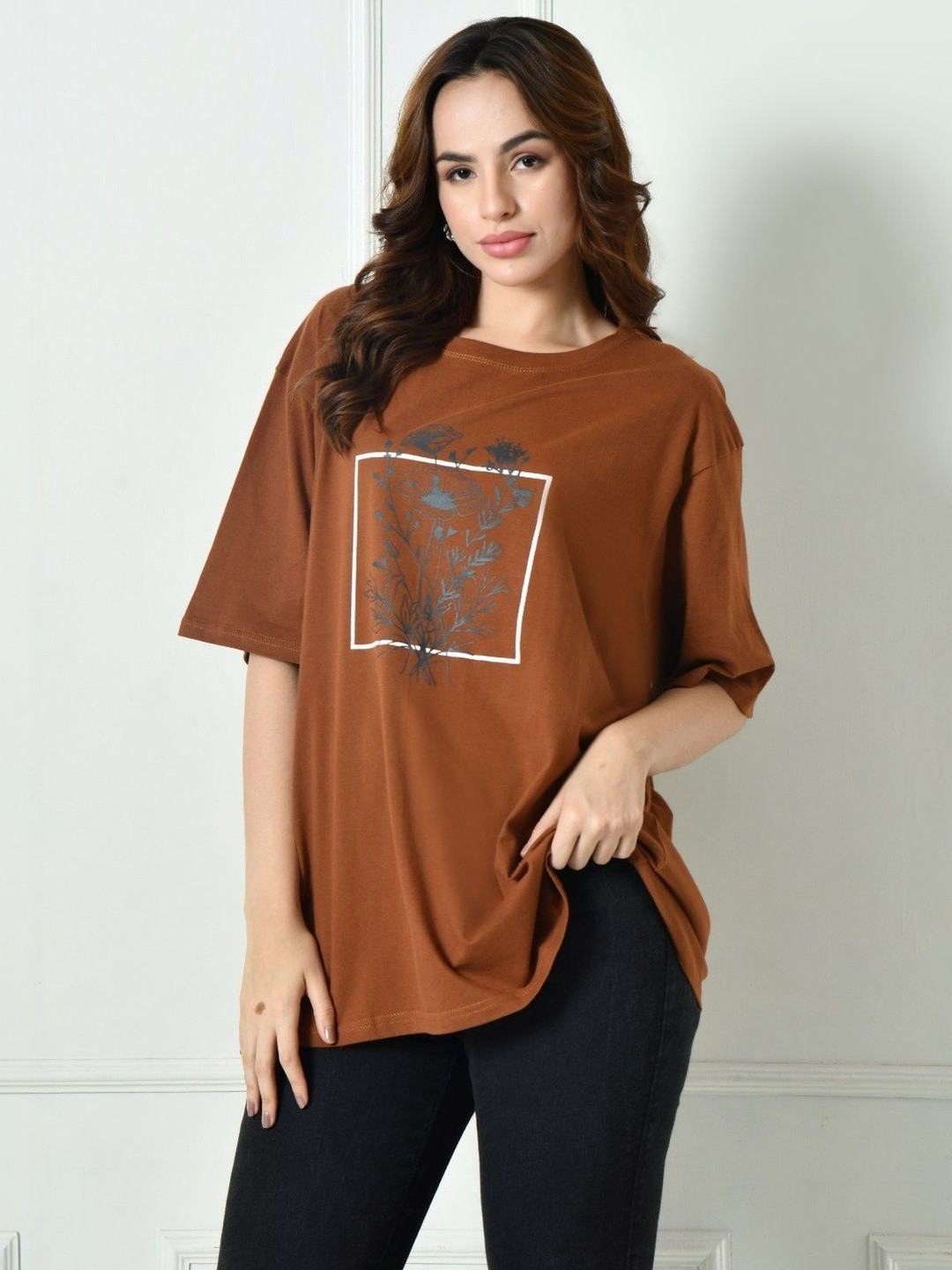 Zicada Women Loose Fit Printed Brown Tshirts