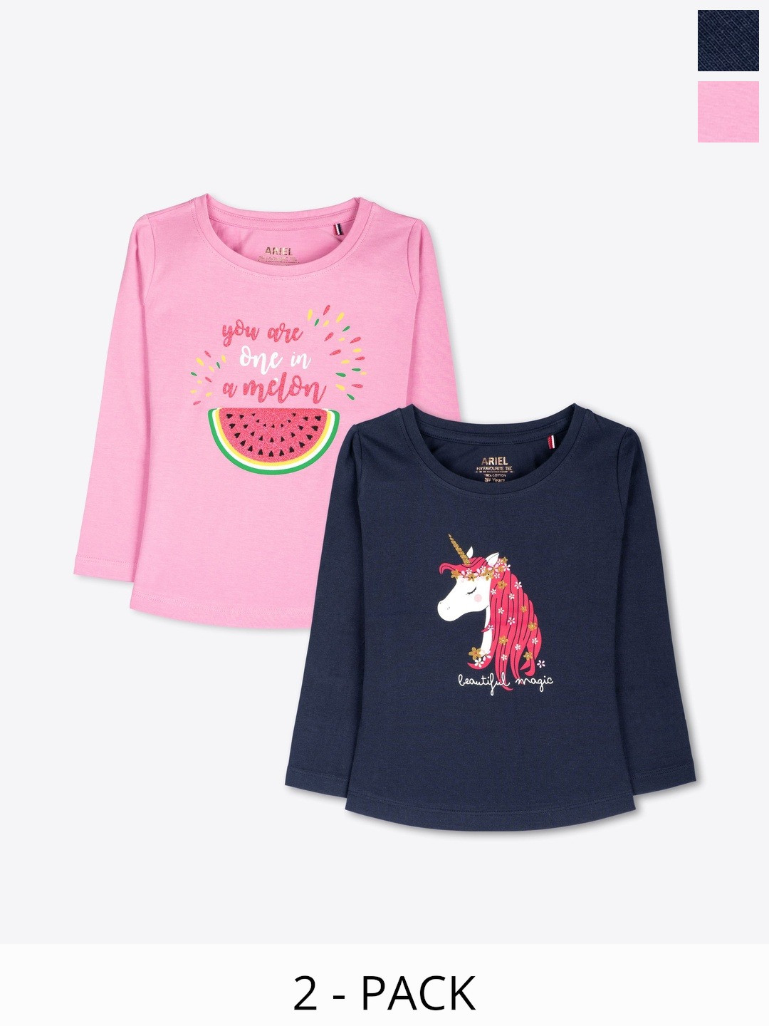 ariel Girls Pack Of 2 Graphic Printed Cotton Round Neck Tshirts