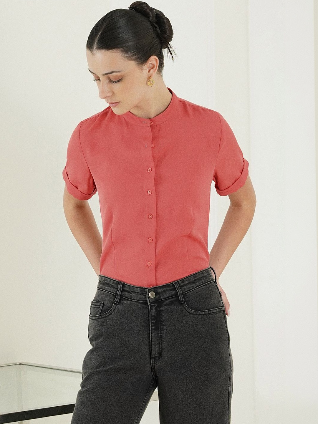FABLE STREET Viscose Floral Slim Fit Short Sleeve Mandarin Collar Coral Shirts