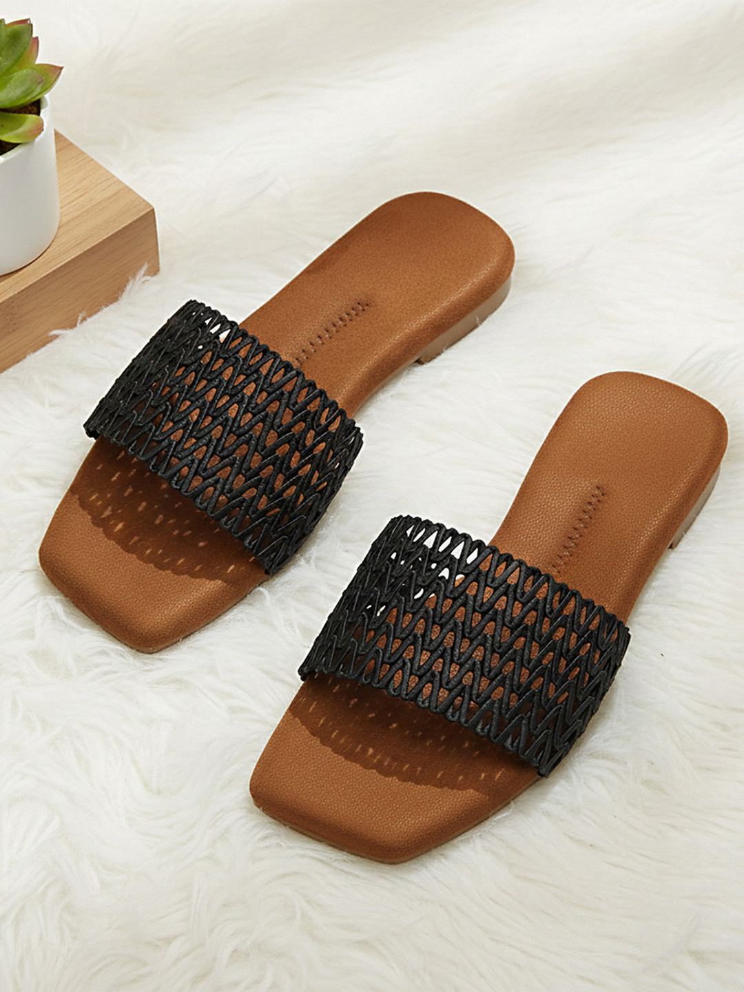 Ishransh Woven Design Square Toe Open Toe Flats