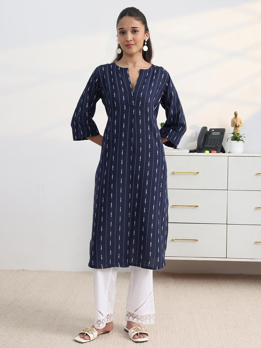 Libas Navy Woven Design Straight Kurta