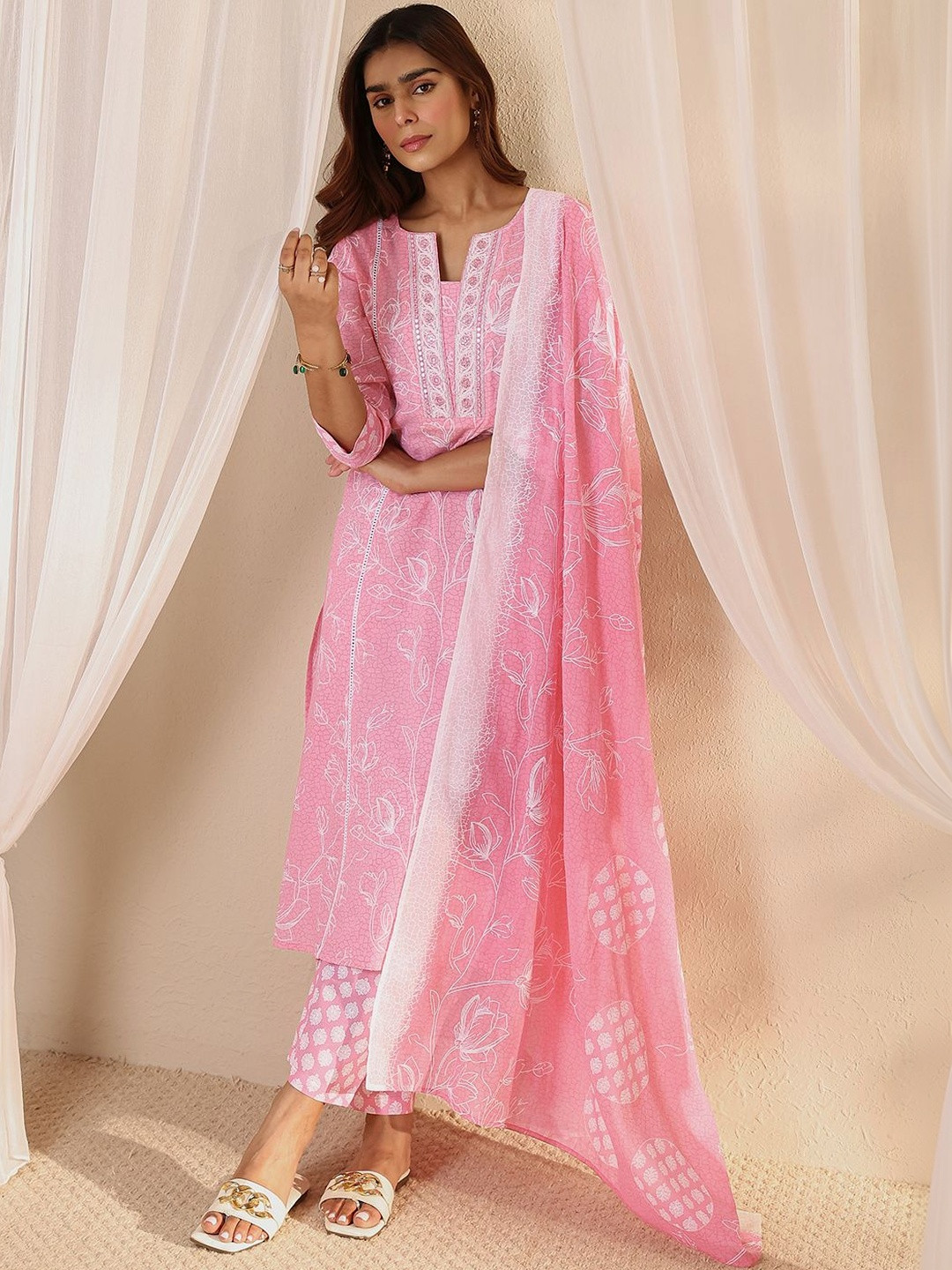 Libas Pink Floral Printed Cotton Straight Suit Set with Dupatta