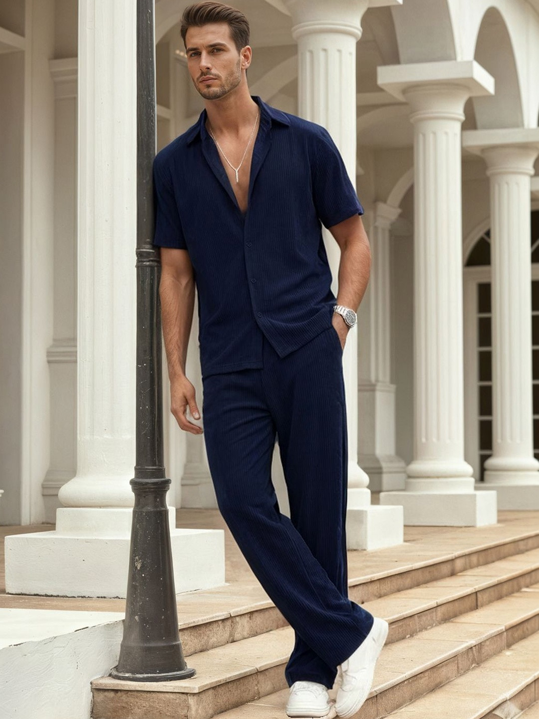 TYSORT Short Sleeves Striped Shirt with Trousers