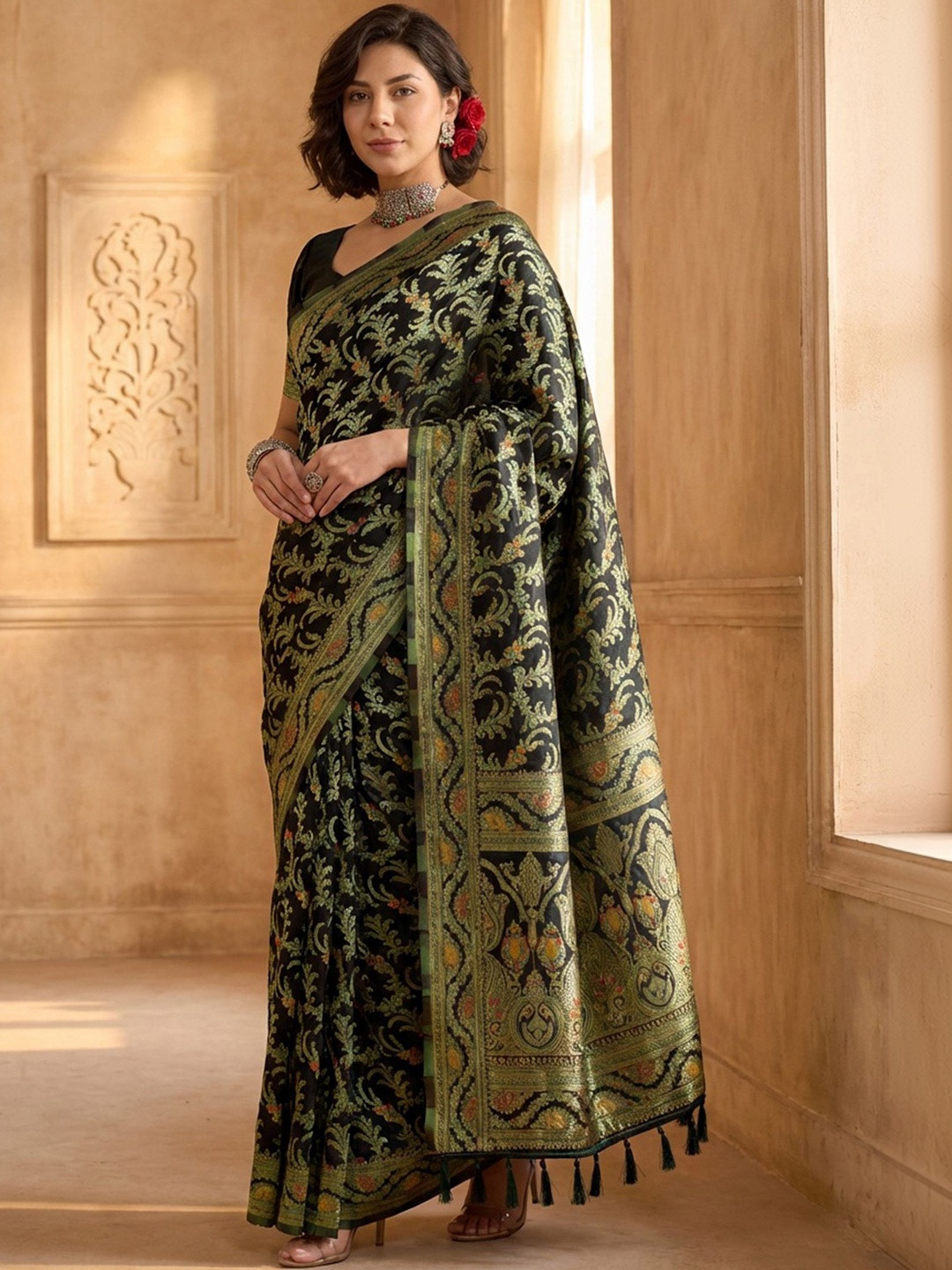 Dhaaga Ghar Floral Woven Design Kanjeevaram Sarees With Blouse Piece