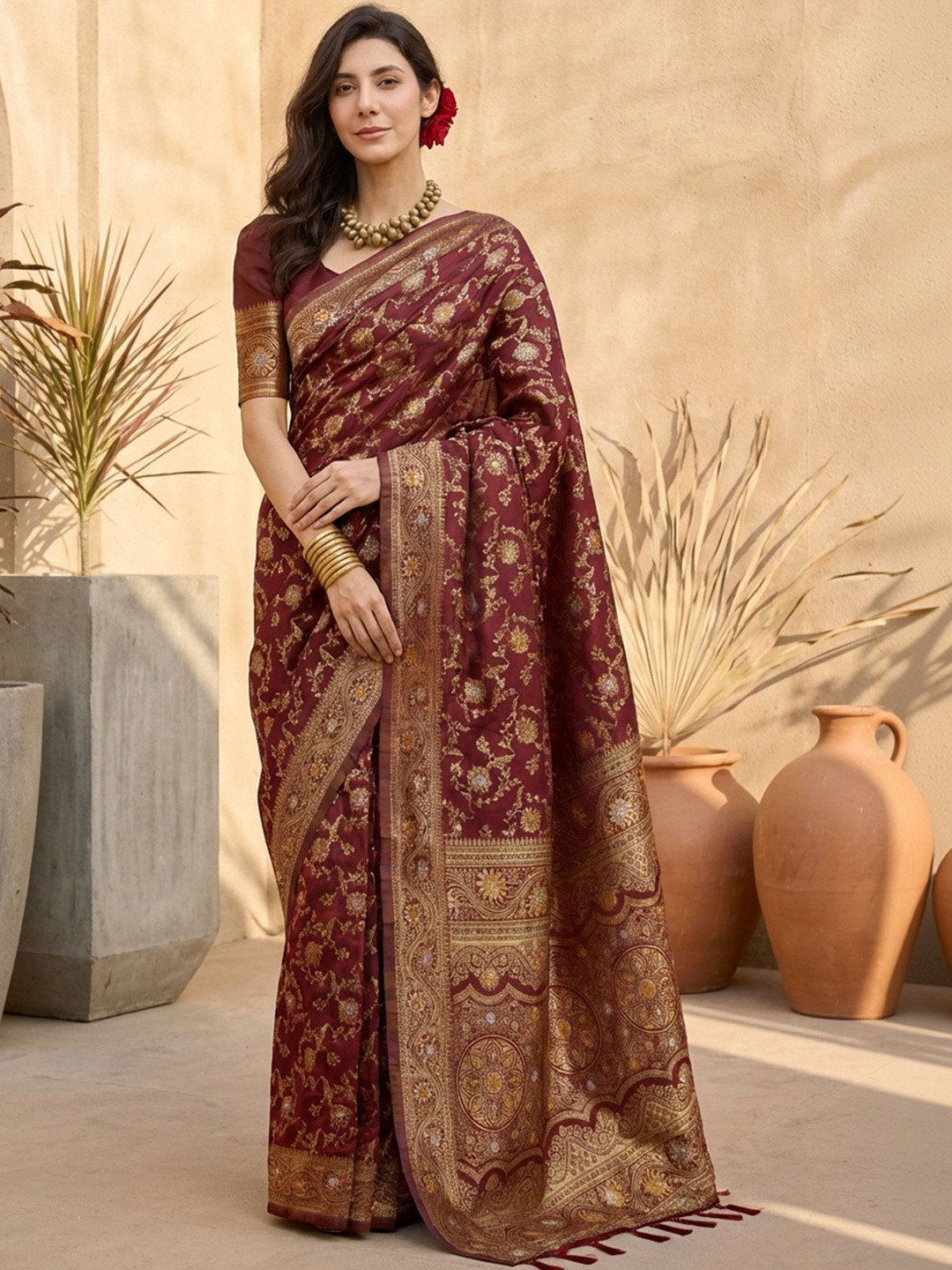 Dhaaga Ghar Women Maroon Banarasi Jacquard Zari Weaving Tassel Pallu Sarees