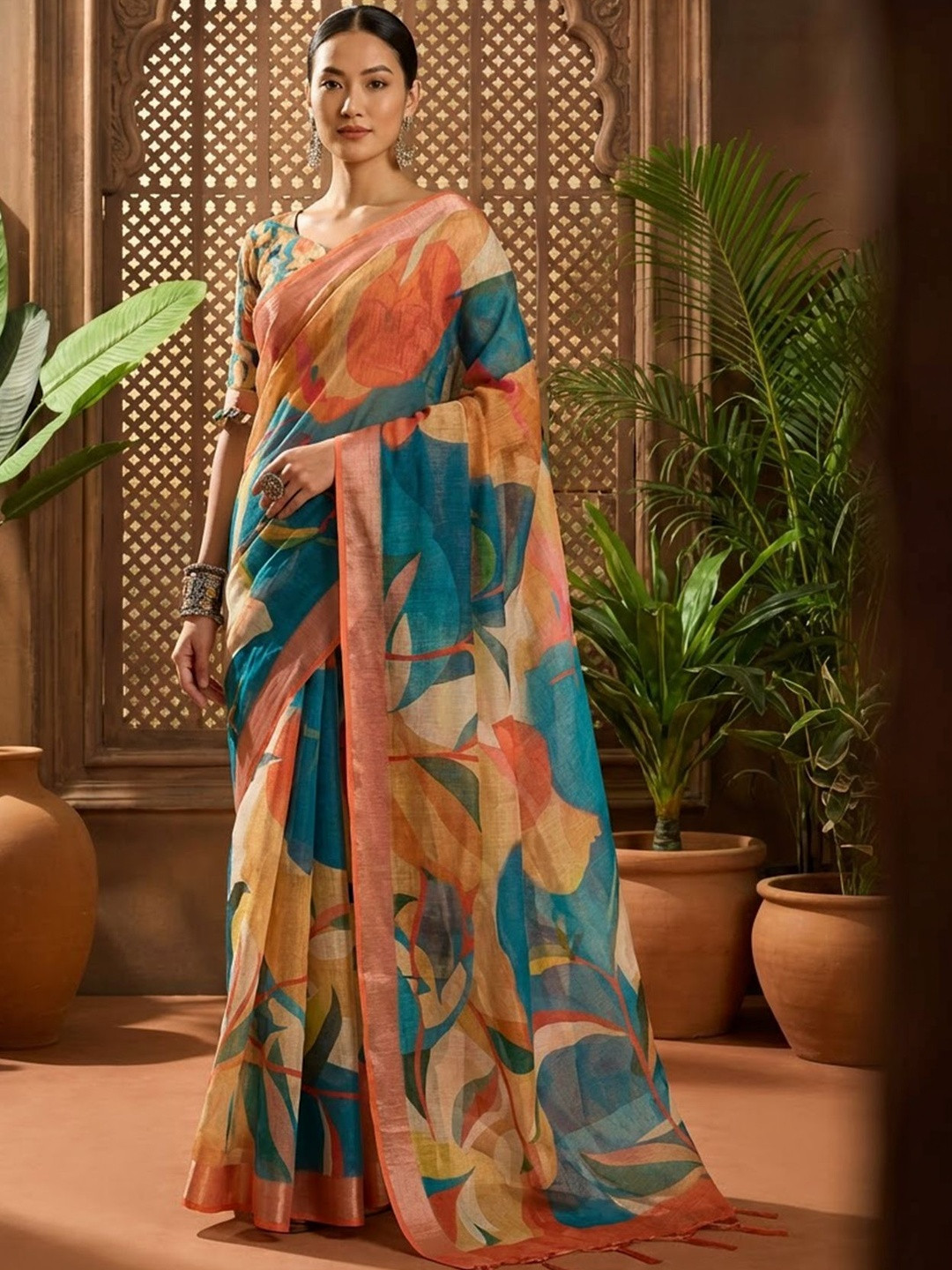 Dhaaga Ghar Multicolor Pure Linen Digital Print Sarees