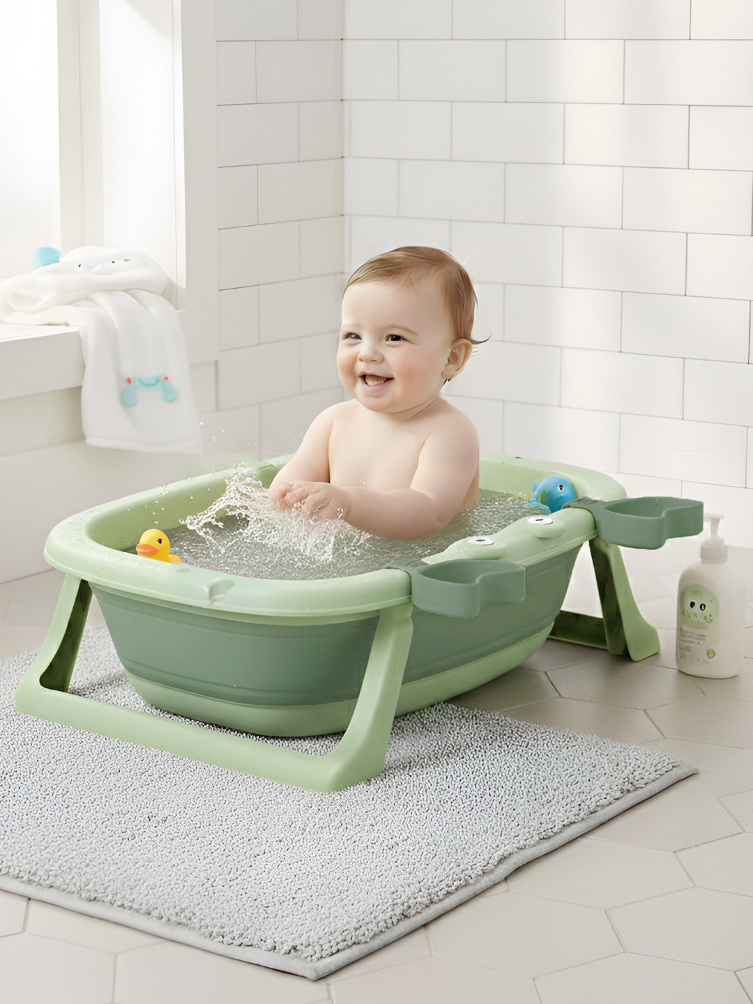 Polka Tots Infant Kids Green Splish Splash Foldable Bathtub