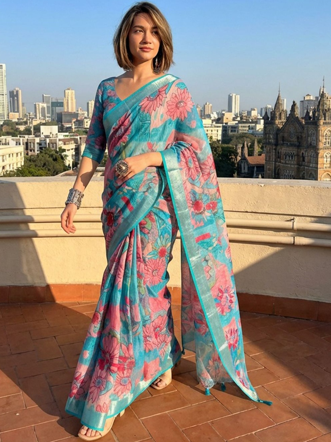 Dhaaga Ghar Women Blue Linen Cotton Digital Printed Sarees