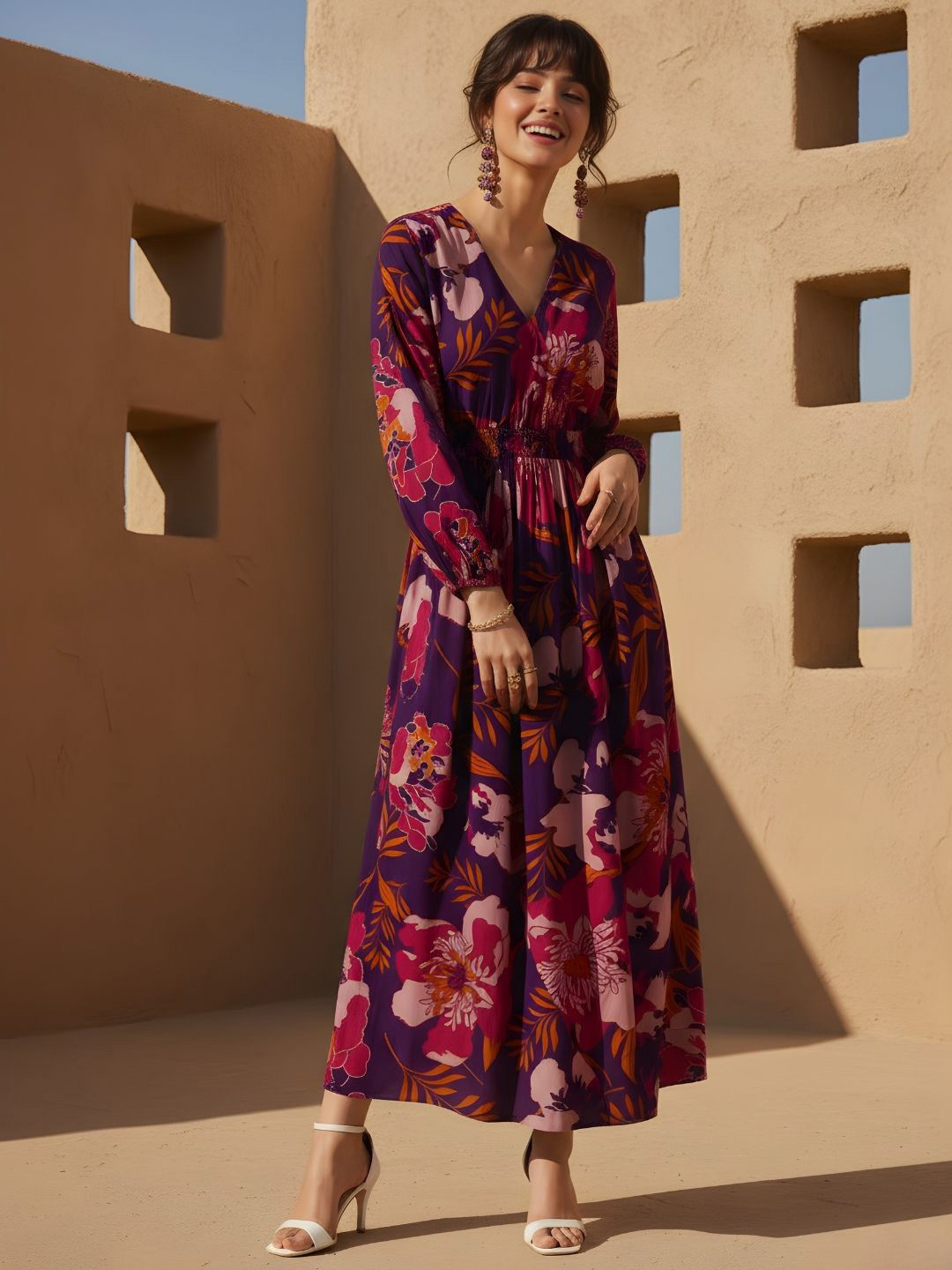 Dora Dori Floral Print Puff Sleeve Maxi Dress