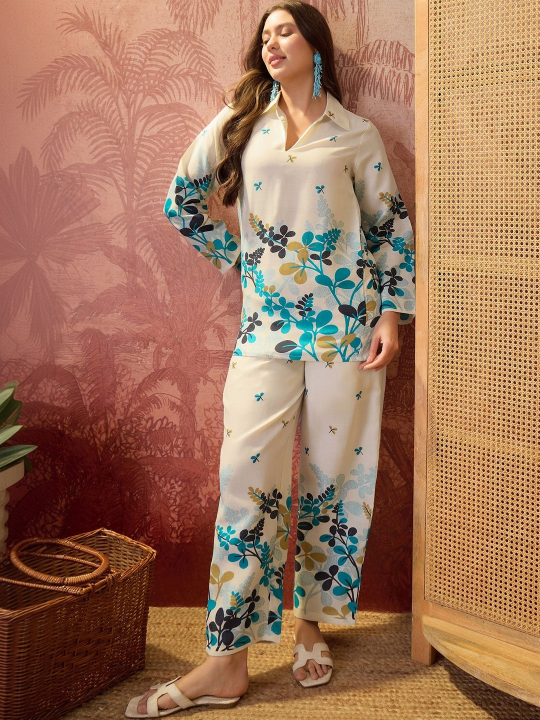 Sangria Floral Printed Long Sleeves Shirt With Trousers