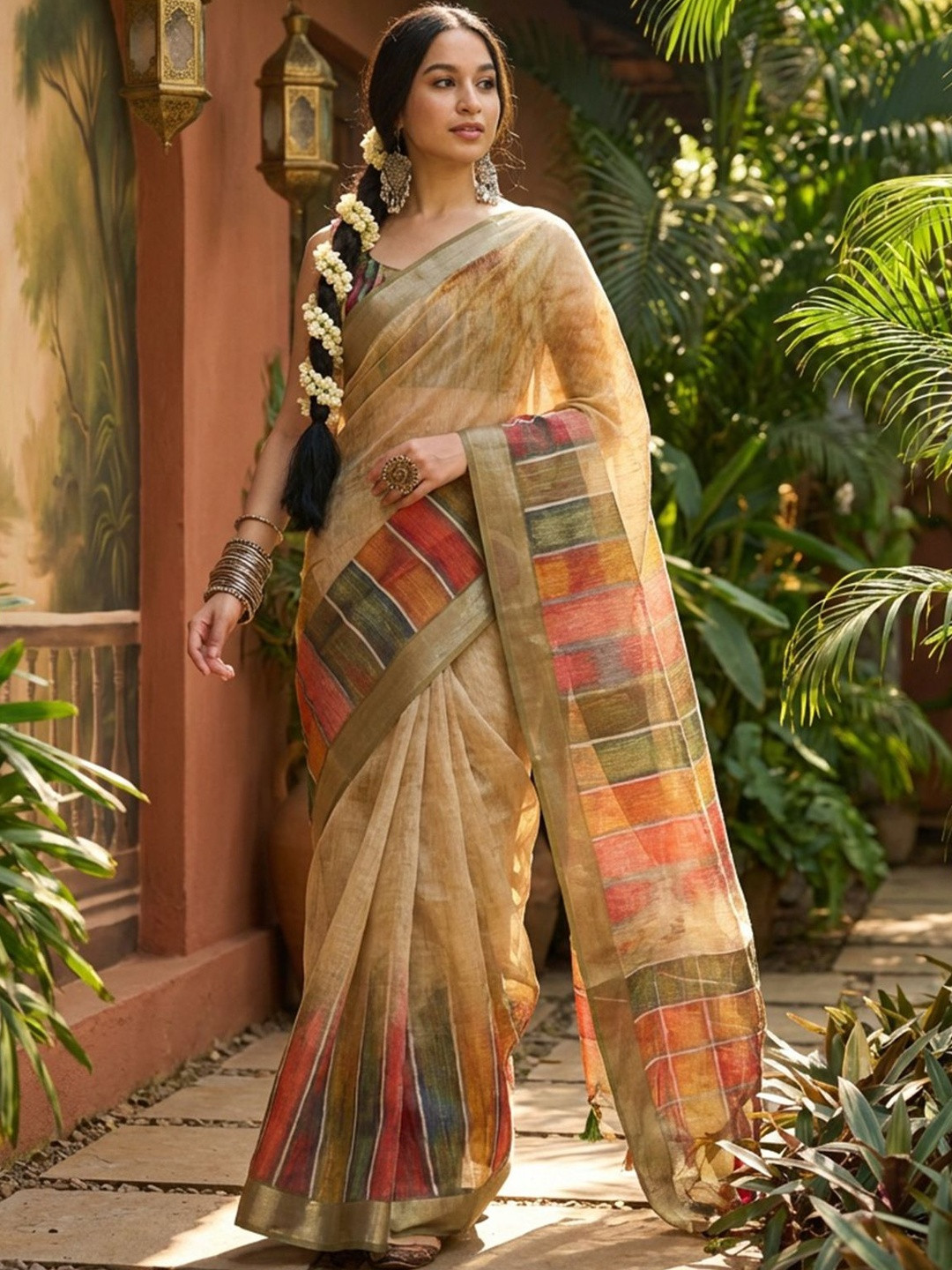 Dhaaga Ghar Women Coffee Brown Linen Cotton Printed Design Sarees