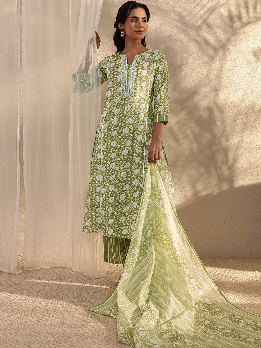 Libas Green Floral Printed Cotton A-Line Suit Set with Dupatta