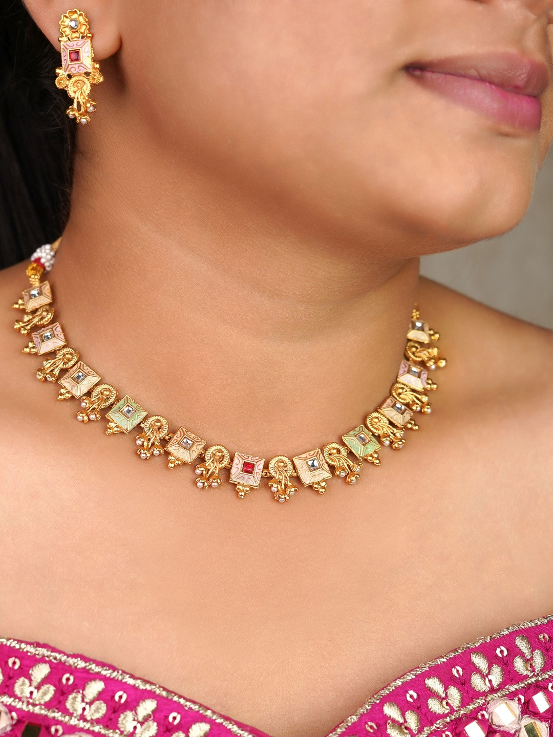 AUREVEE Gold-Plated Choker Stone Studded & Beaded Necklace and Earrings