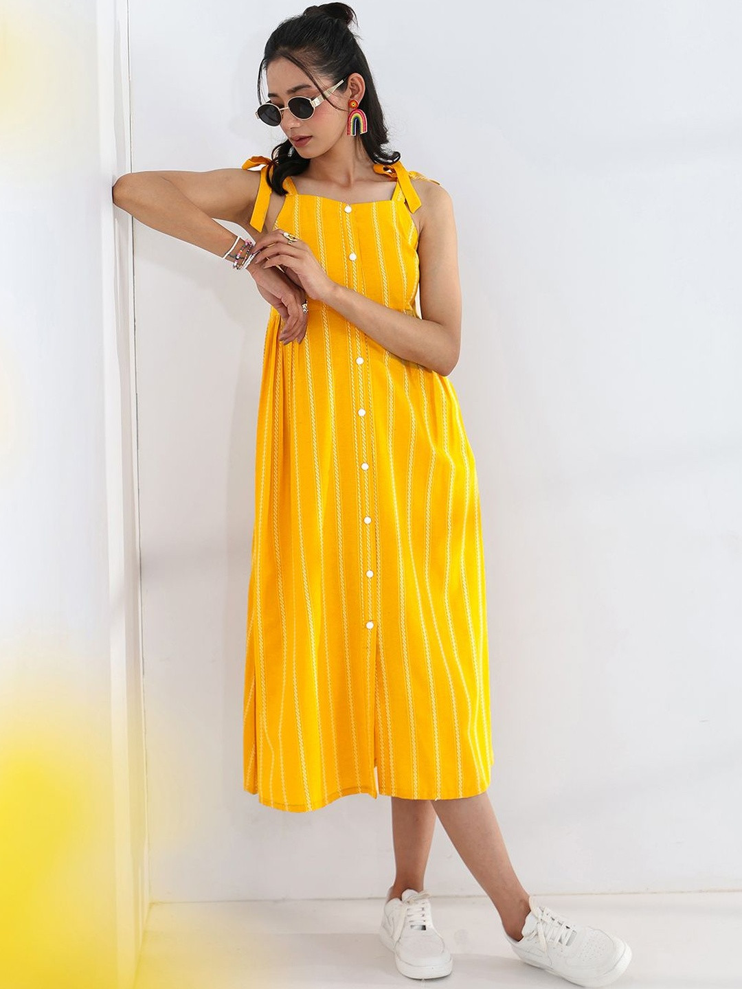 Gerua By Libas Women Yellow Striped Woven Design A-Line One Piece Dress