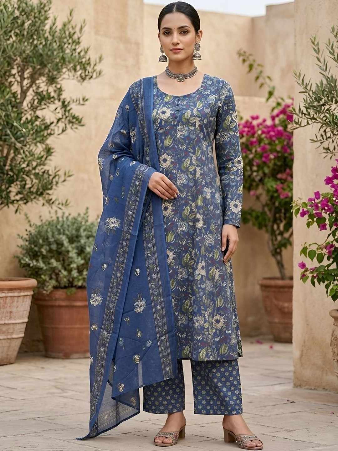 Nayo Women Ethnic Motifs Printed Regular Pure Cotton Kurta with Palazzos & With Dupatta