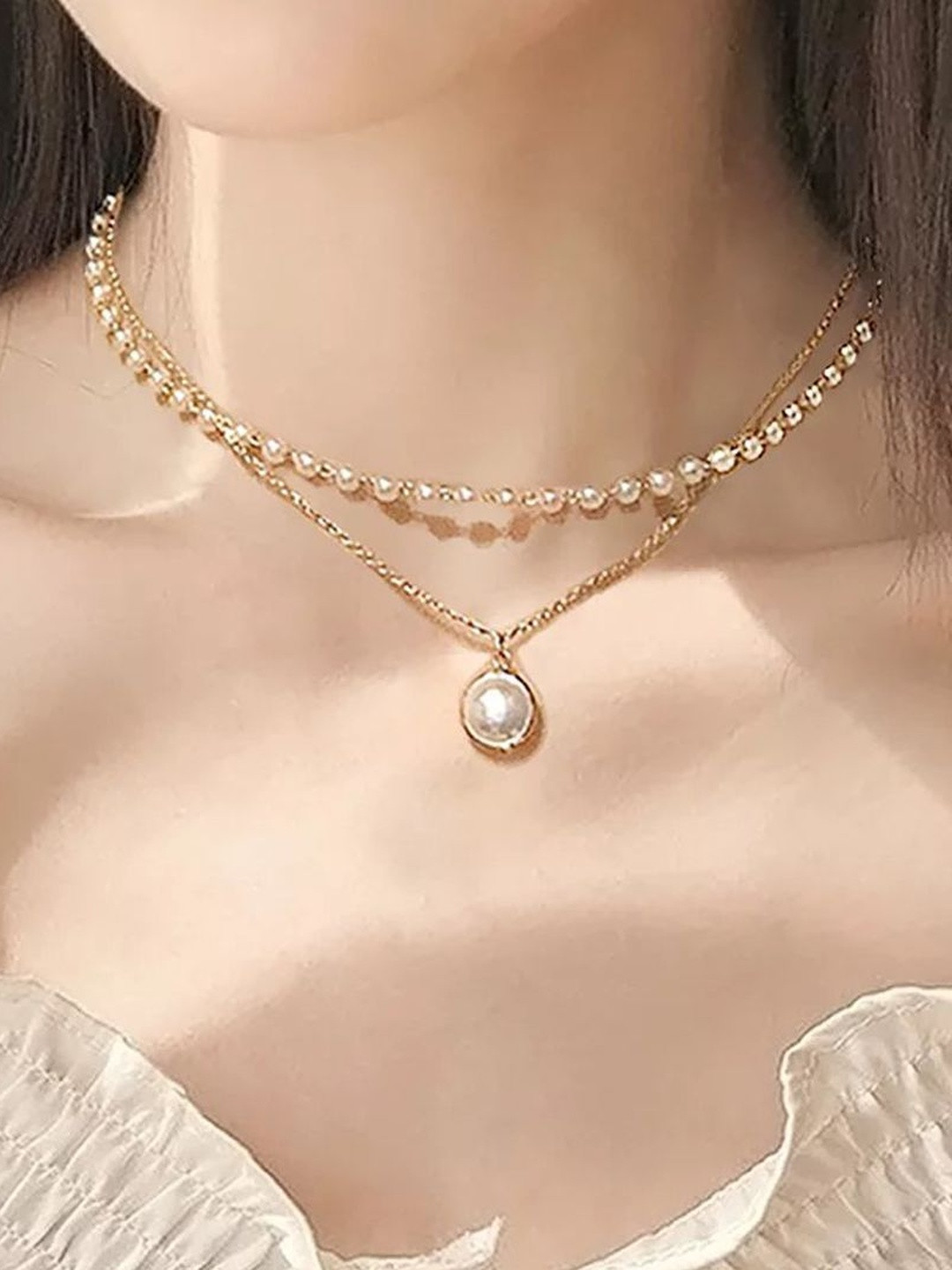 Zaphariq Double Layered Pearl Pendant Golden Necklace